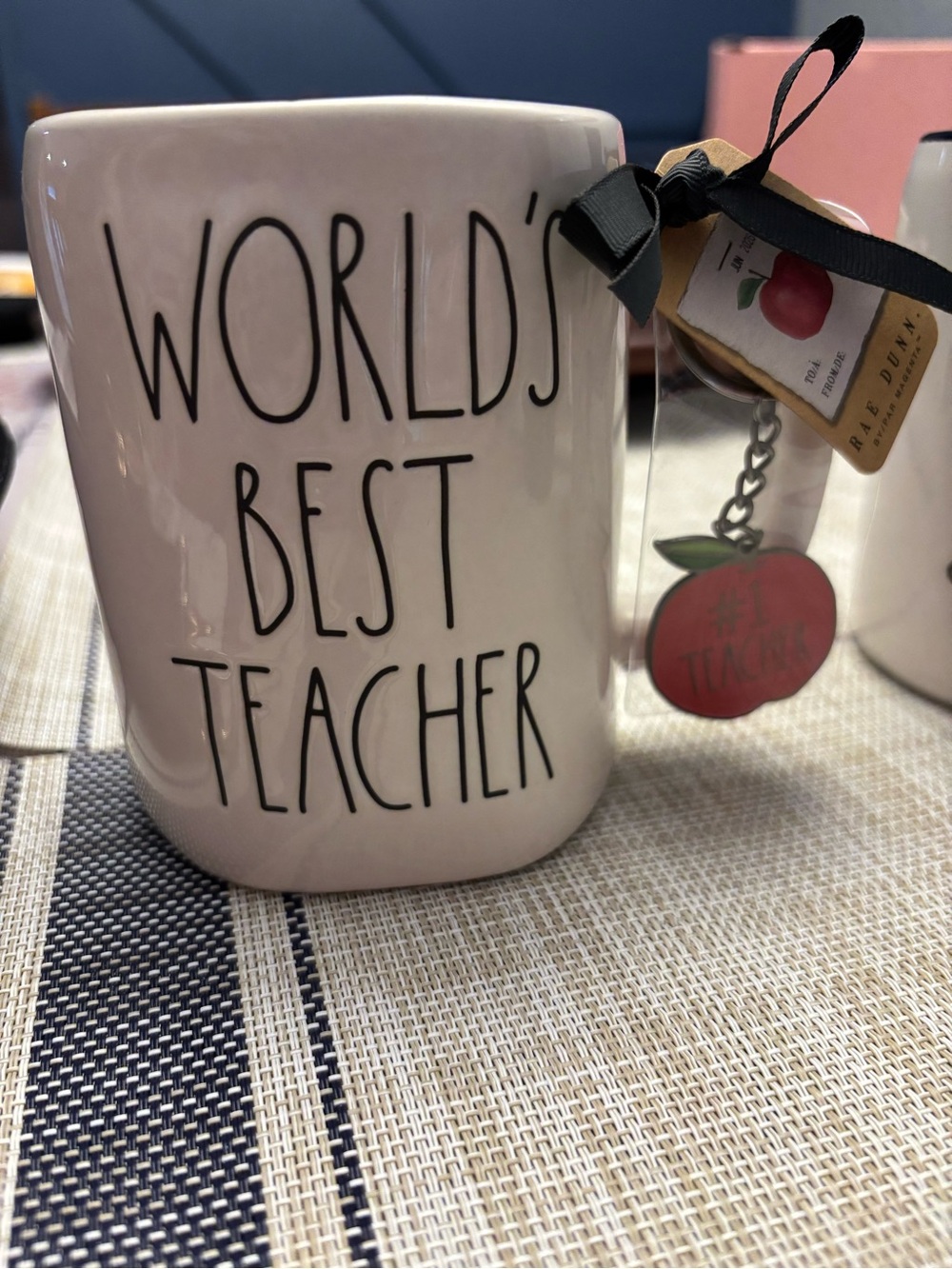 Rae Dunn White Ceramic Mug with #1 Teacher Apple Key Chain Charm
